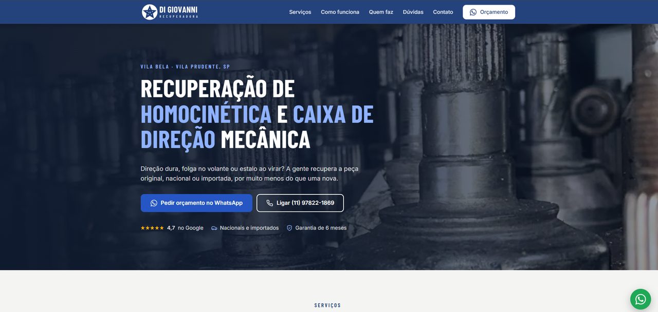 Topo do site da Di Giovanni Recuperadora, com o título Recuperação de homocinética e caixa de direção mecânica