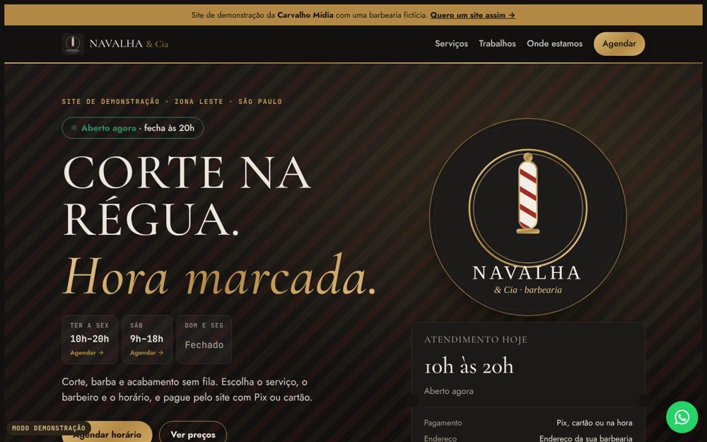 Topo do site de exemplo da Barbearia Navalha e Cia, com o título Corte na régua. Hora marcada.